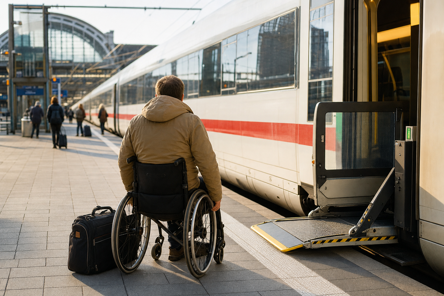 ICE hält am Bahnsteig, eine Person im Rollstuhl wartet mit Reisetasche neben einem mobilen Hublift
