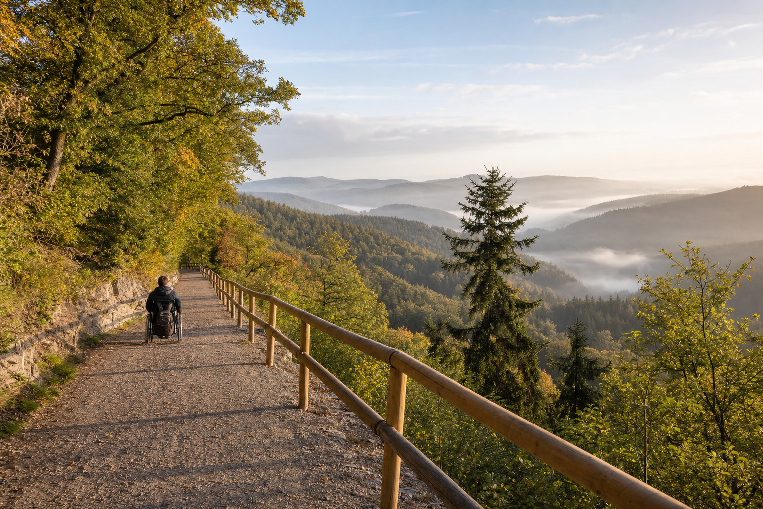 Breiter, ebener Waldweg mit Holzgeländer im Mittelgebirge, Blick über bewaldete Hügel im Morgenlicht