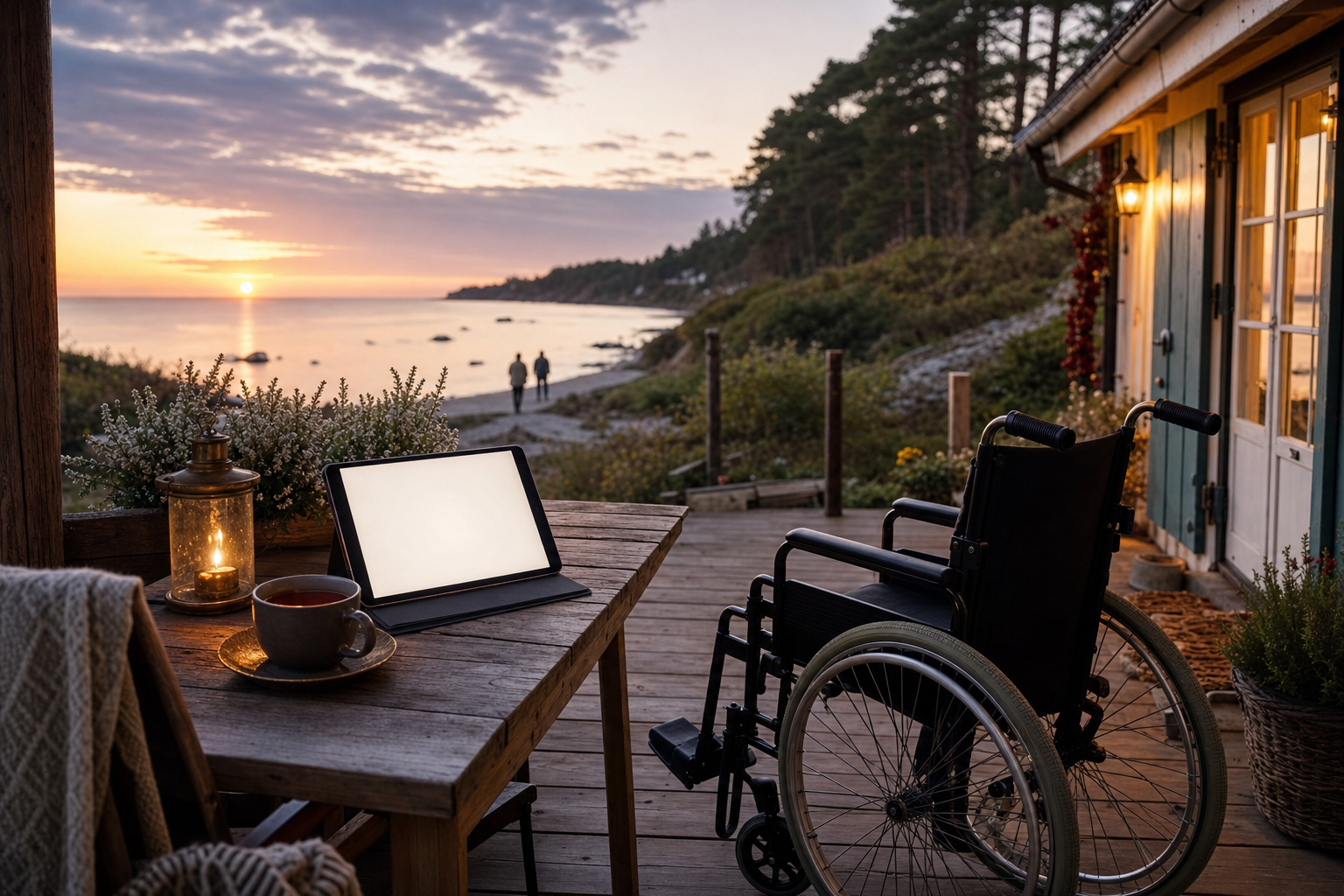 Person mit Tablet auf einer Ferienhaus-Terrasse am Abend, daneben ein Rollstuhl, Blick auf die Ostseeküste