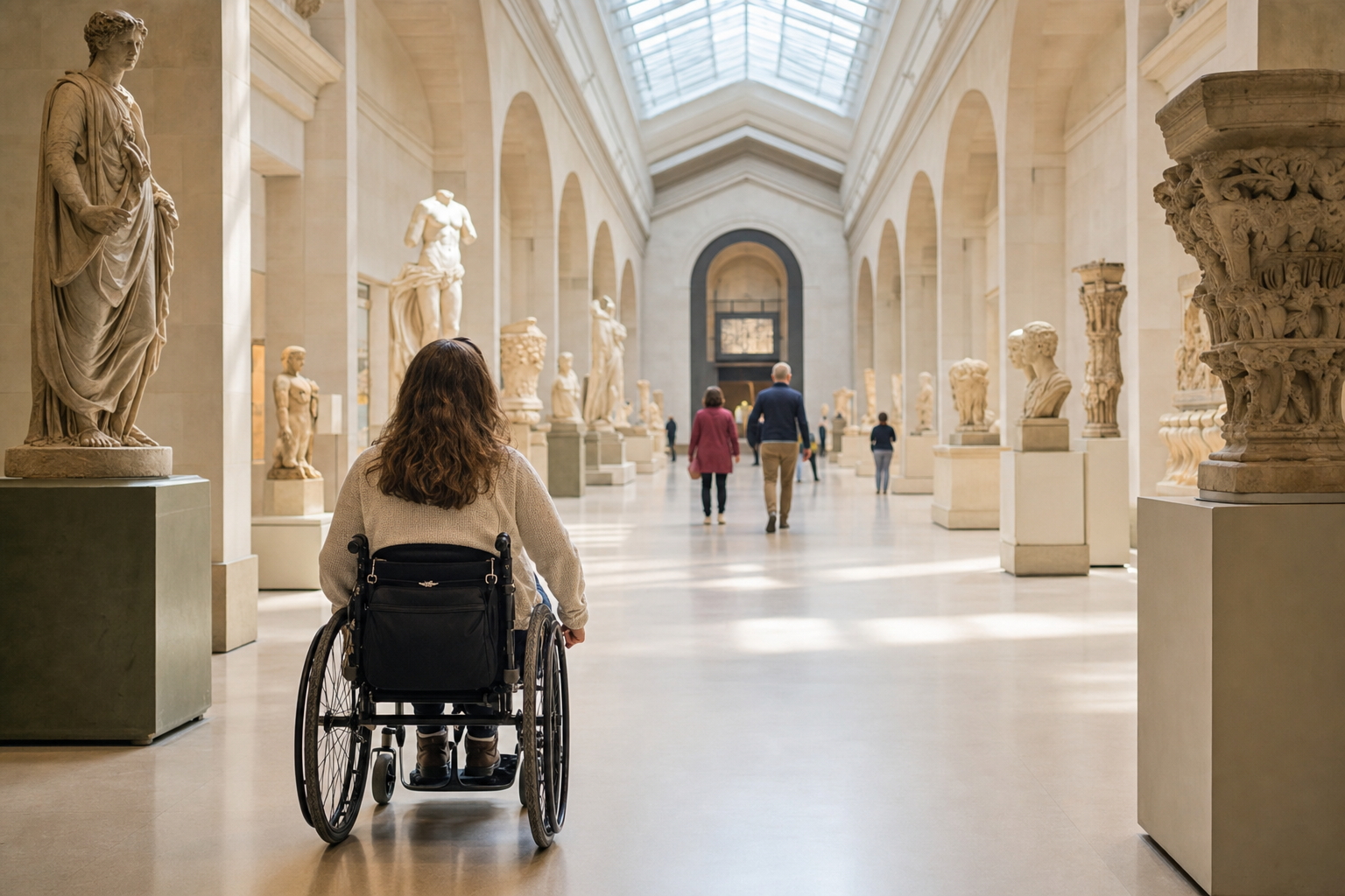 Heller Museumssaal mit Skulpturen und breitem stufenlosem Durchgang, eine Besucherin im Rollstuhl betrachtet ein Exponat